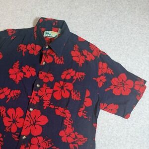 Roundy Bay Hawaiian Shirt Mens‎ Size M Navy Red Hibiscus Rayon Tropical Aloha